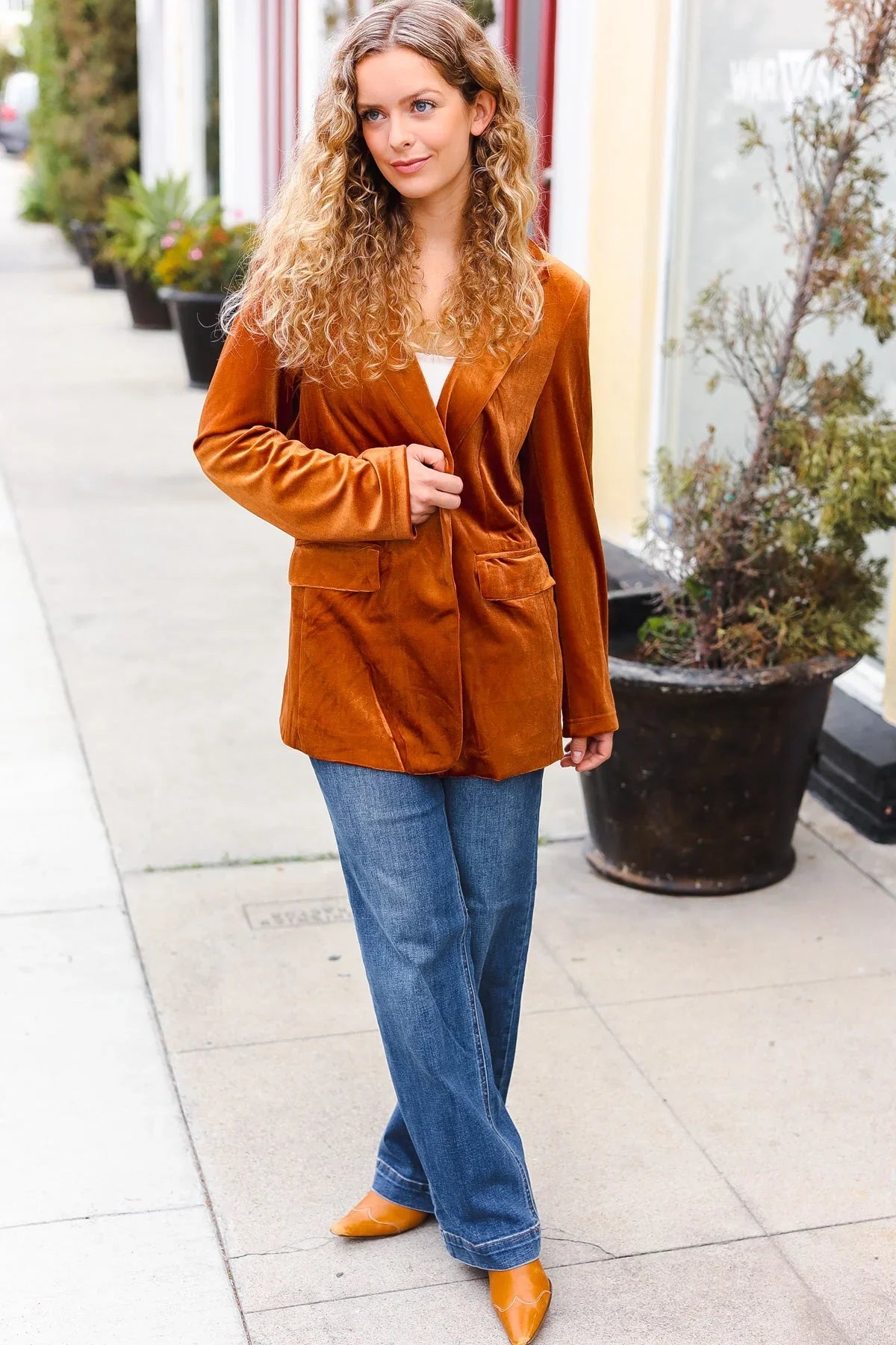Holiday Stunner Rust Velvet Lapel Blazer | Daverri Fashions