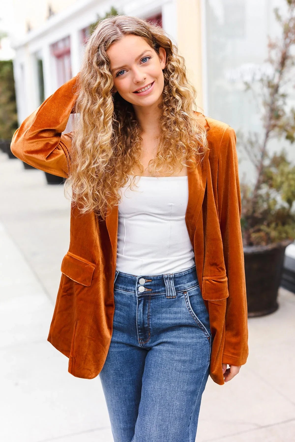 Holiday Stunner Rust Velvet Lapel Blazer | Daverri Fashions