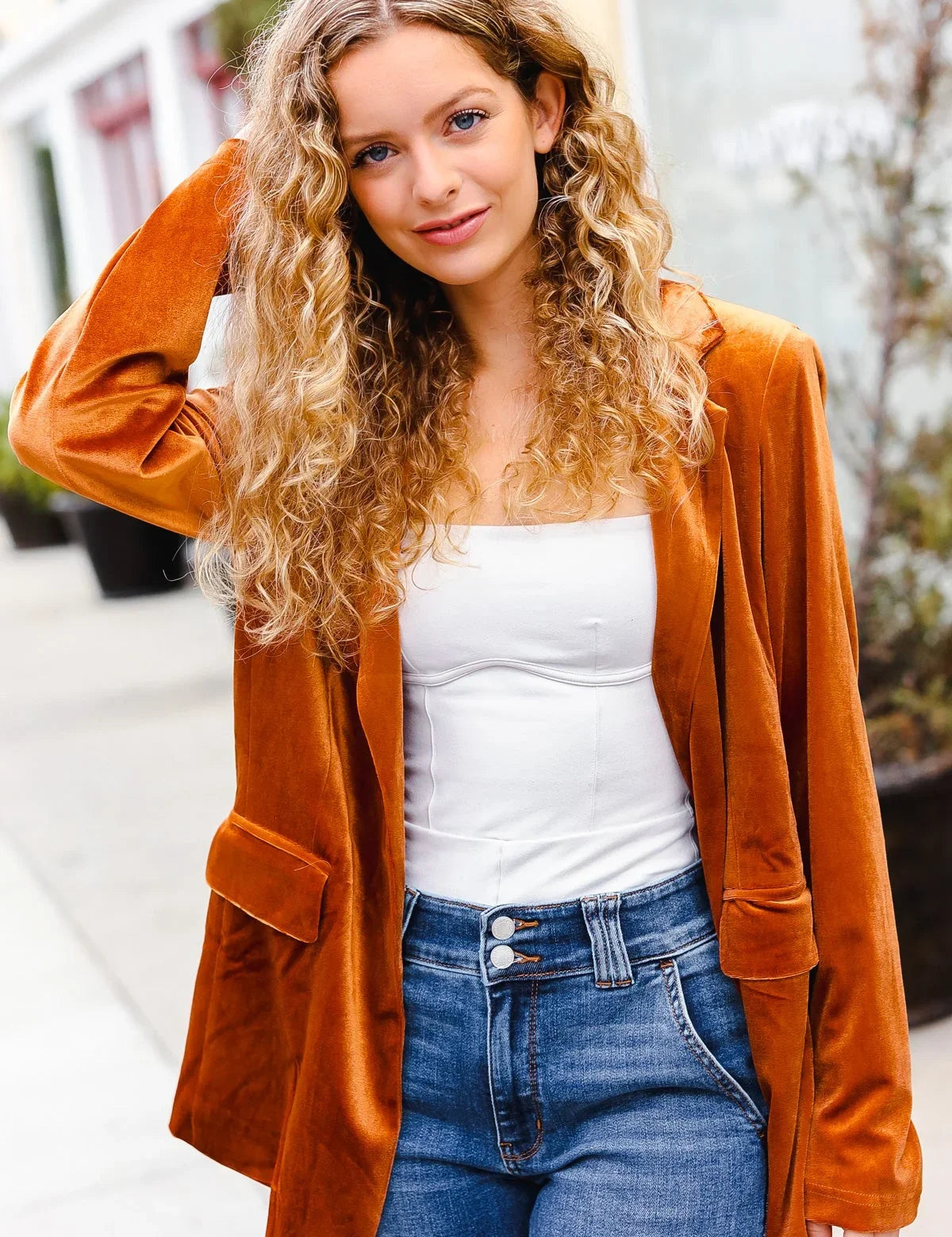 Holiday Stunner Rust Velvet Lapel Blazer | Daverri Fashions