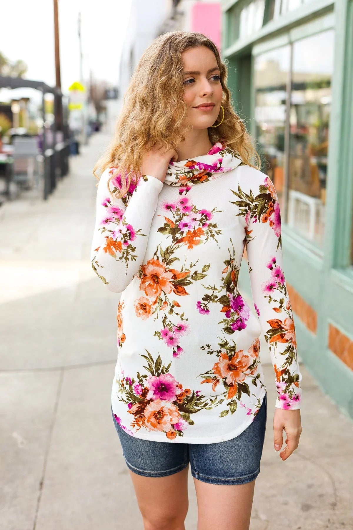 Just My Type Cream Floral Cowl Neck Sweater Top | Daverri Fashions