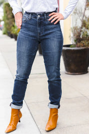 Judy Blue Dark Wash Mid Rise Cuffed Slim Fit Jeans | Daverri Fashions