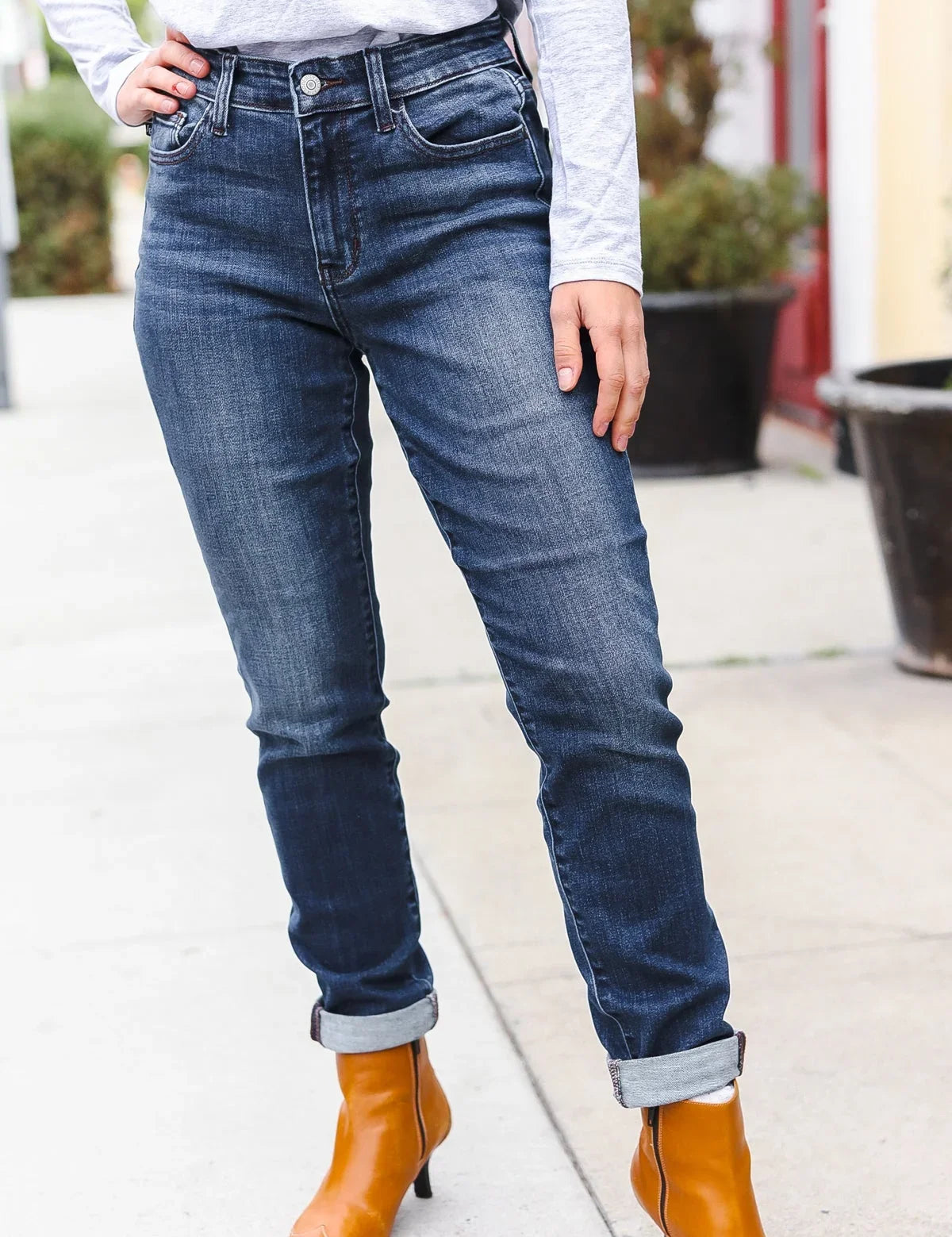 Judy Blue Dark Wash Mid Rise Cuffed Slim Fit Jeans | Daverri Fashions