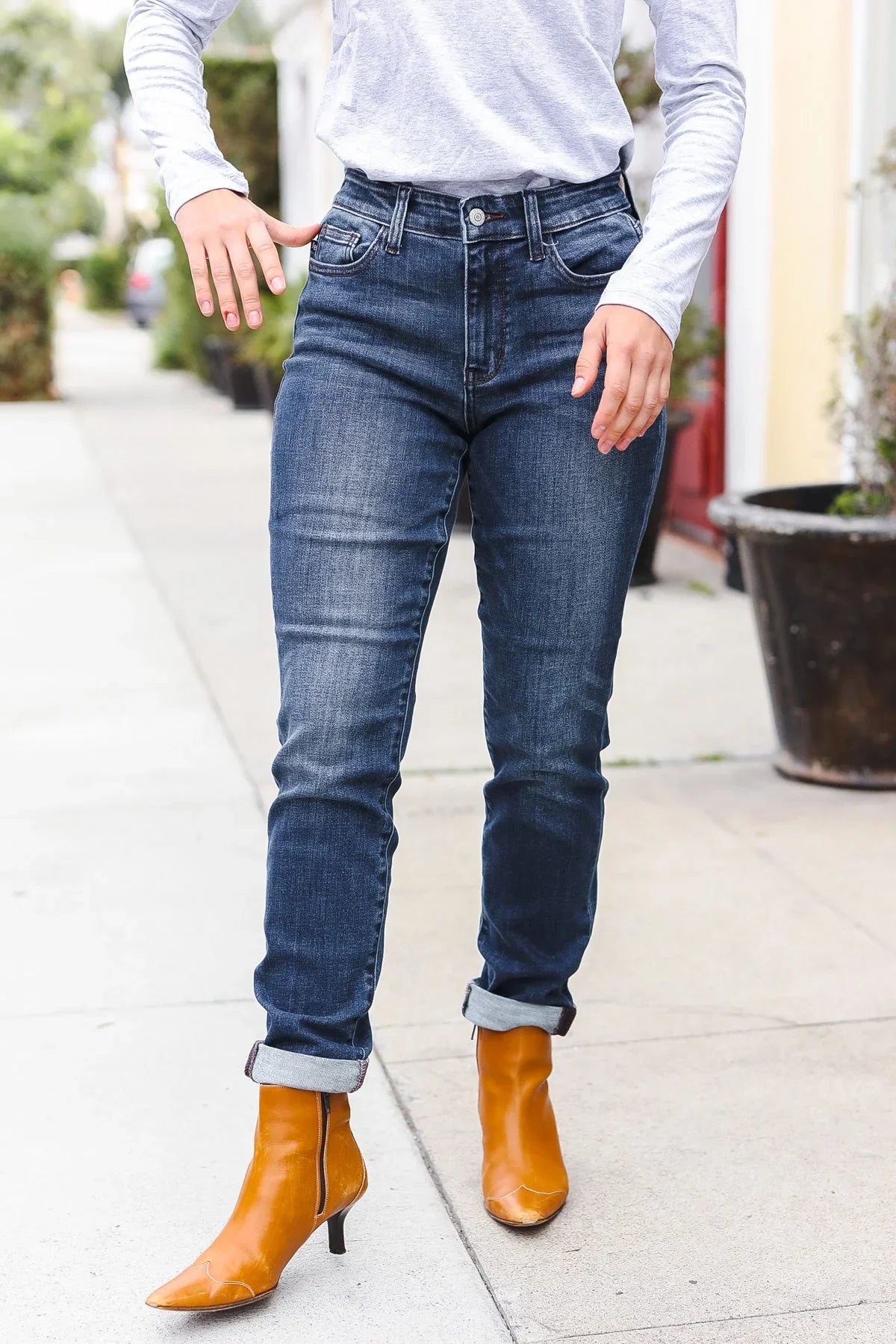 Judy Blue Dark Wash Mid Rise Cuffed Slim Fit Jeans | Daverri Fashions