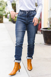 Judy Blue Dark Wash Mid Rise Cuffed Slim Fit Jeans | Daverri Fashions