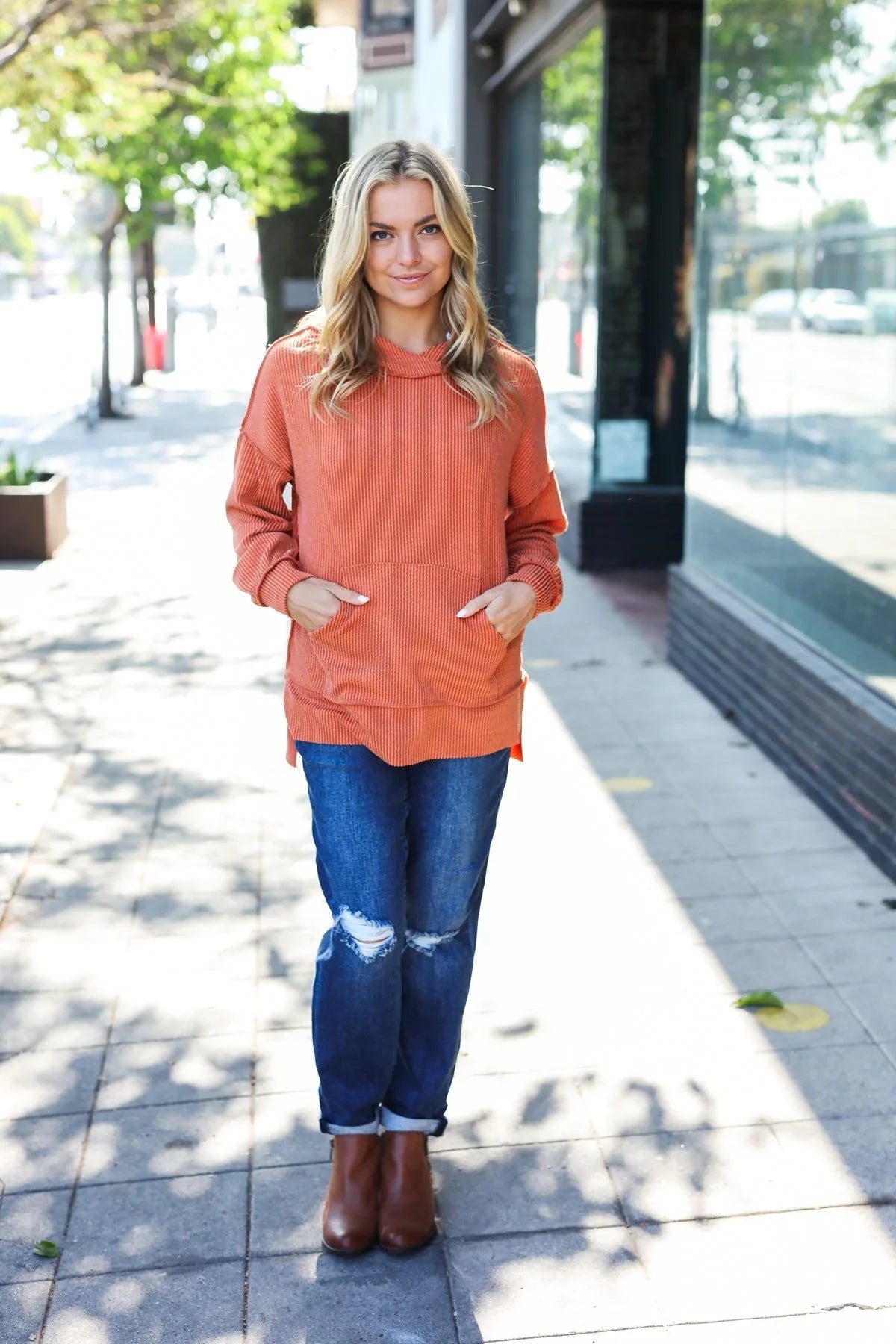 Cozy Days Rust Mineral Wash Rib Knit Hoodie | Daverri Fashions