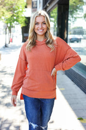 Cozy Days Rust Mineral Wash Rib Knit Hoodie | Daverri Fashions