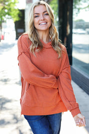 Cozy Days Rust Mineral Wash Rib Knit Hoodie | Daverri Fashions