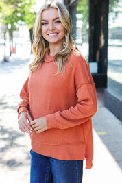 Cozy Days Rust Mineral Wash Rib Knit Hoodie | Daverri Fashions