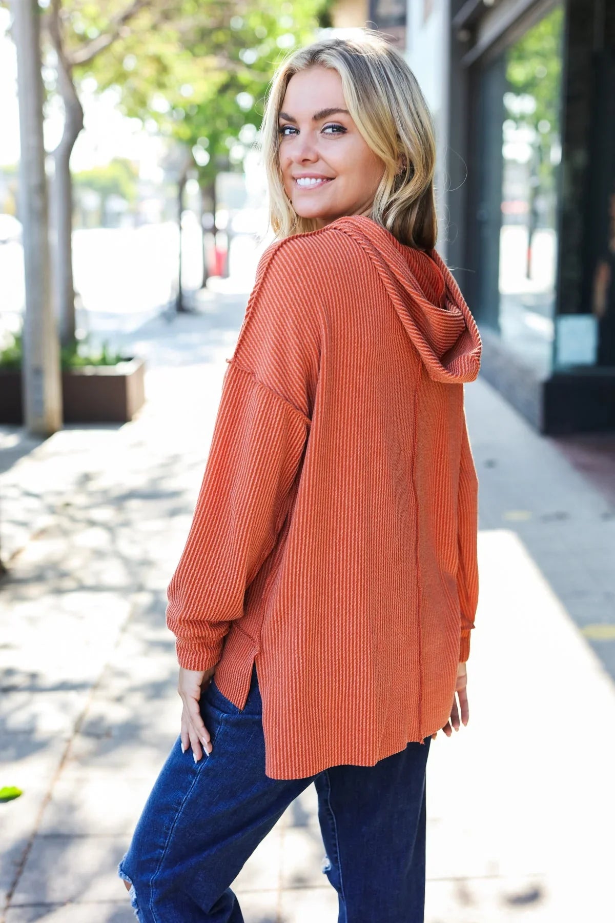 Cozy Days Rust Mineral Wash Rib Knit Hoodie | Daverri Fashions