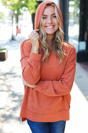 Cozy Days Rust Mineral Wash Rib Knit Hoodie | Daverri Fashions
