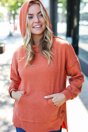 Cozy Days Rust Mineral Wash Rib Knit Hoodie | Daverri Fashions