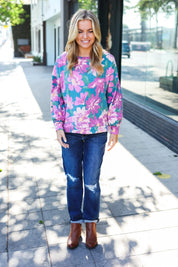 Feeling Femme Teal Floral Brushed Hacci Sweater Top | Daverri Fashions