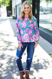 Feeling Femme Teal Floral Brushed Hacci Sweater Top | Daverri Fashions