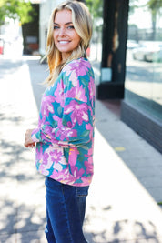 Feeling Femme Teal Floral Brushed Hacci Sweater Top | Daverri Fashions