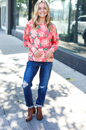 Feeling Femme Red Floral Brushed Hacci Sweater Top | Daverri Fashions