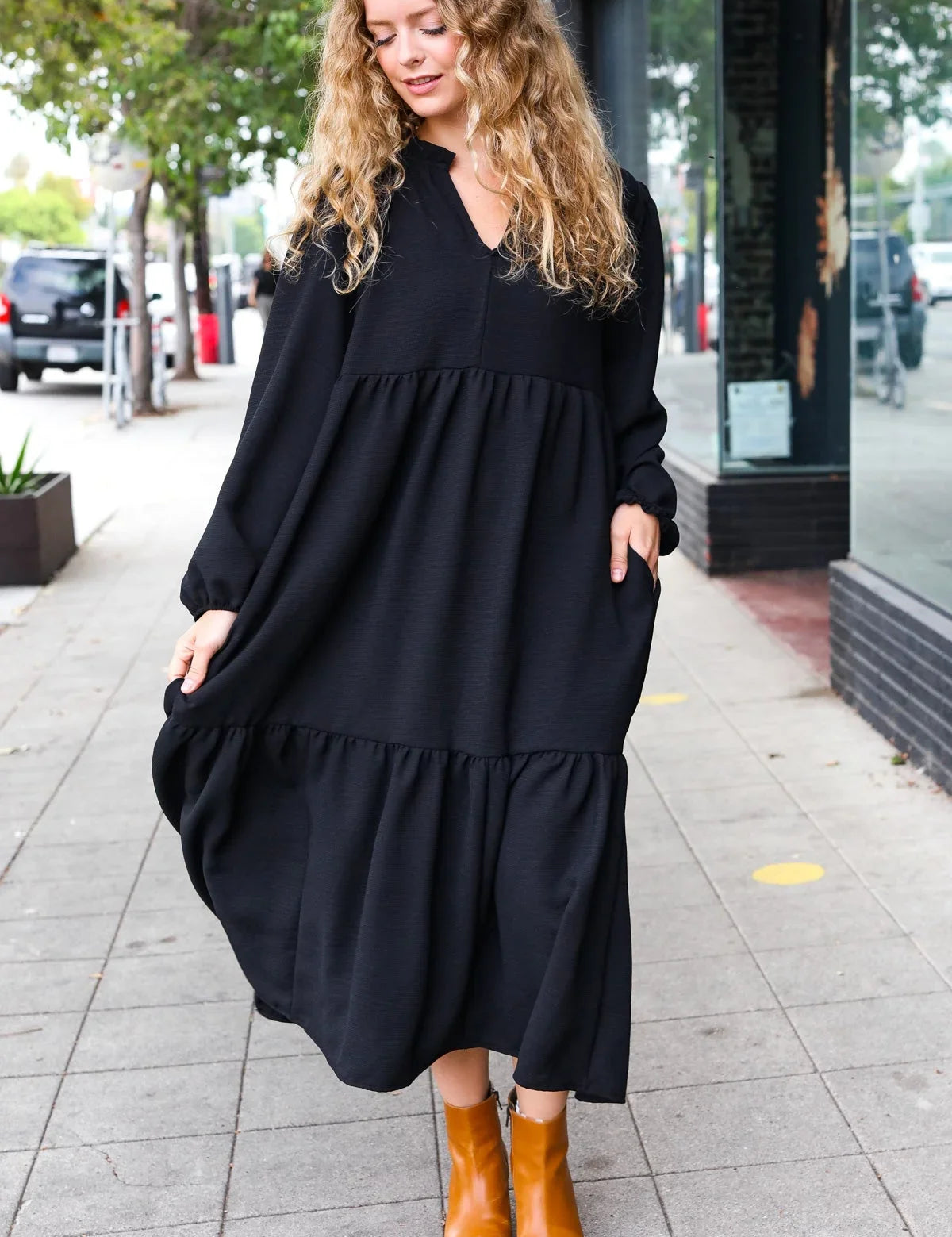 Lock Eyes Black Notched Neck Frill Hem Tiered Maxi Dress | Daverri Fashions