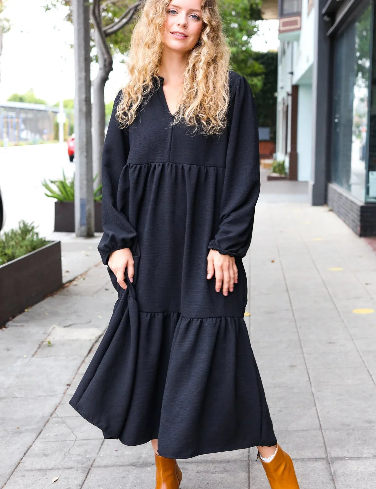 Lock Eyes Black Notched Neck Frill Hem Tiered Maxi Dress | Daverri Fashions