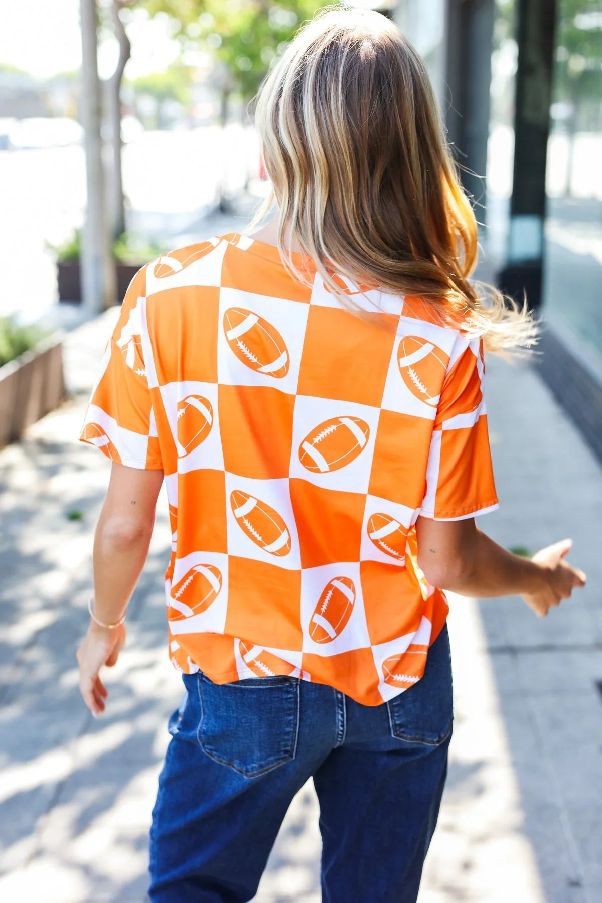 Turn Up The Volume Orange Football Checker Top | Daverri Fashions