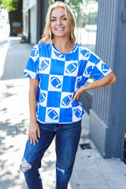 Turn Up The Volume Blue Football Checker Print Top | Daverri Fashions