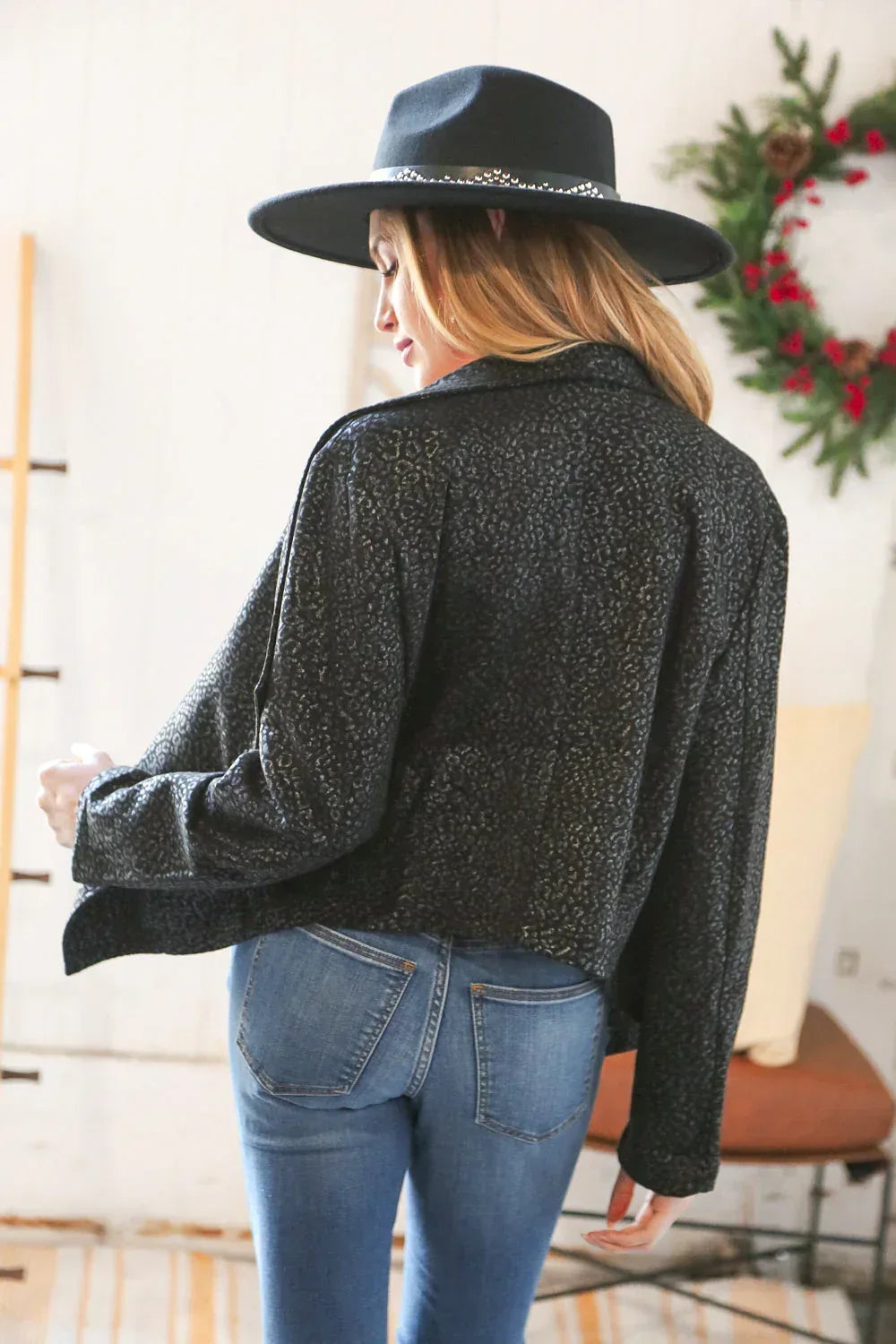 Black Holiday Matte Foiled Cheetah Print Blazer Jacket - DAVERRI FASHIONS