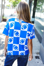 Turn Up The Volume Blue Football Checker Print Top | Daverri Fashions