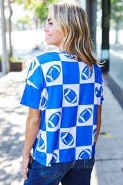 Turn Up The Volume Blue Football Checker Print Top | Daverri Fashions