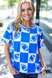 Turn Up The Volume Blue Football Checker Print Top | Daverri Fashions