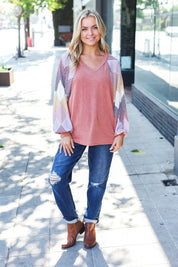 Weekend Ready Rust Argyle Pattern Dolman V Neck Top | Daverri Fashions