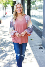 Weekend Ready Rust Argyle Pattern Dolman V Neck Top | Daverri Fashions