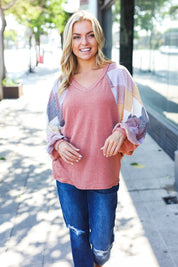 Weekend Ready Rust Argyle Pattern Dolman V Neck Top | Daverri Fashions