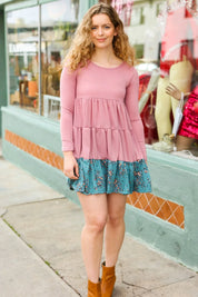 Looking Your Way Mauve & Teal Floral Ruffle Terry Tiered Dress | Daverri Fashions