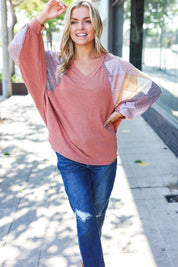 Weekend Ready Rust Argyle Pattern Dolman V Neck Top | Daverri Fashions