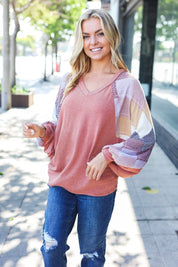 Weekend Ready Rust Argyle Pattern Dolman V Neck Top | Daverri Fashions