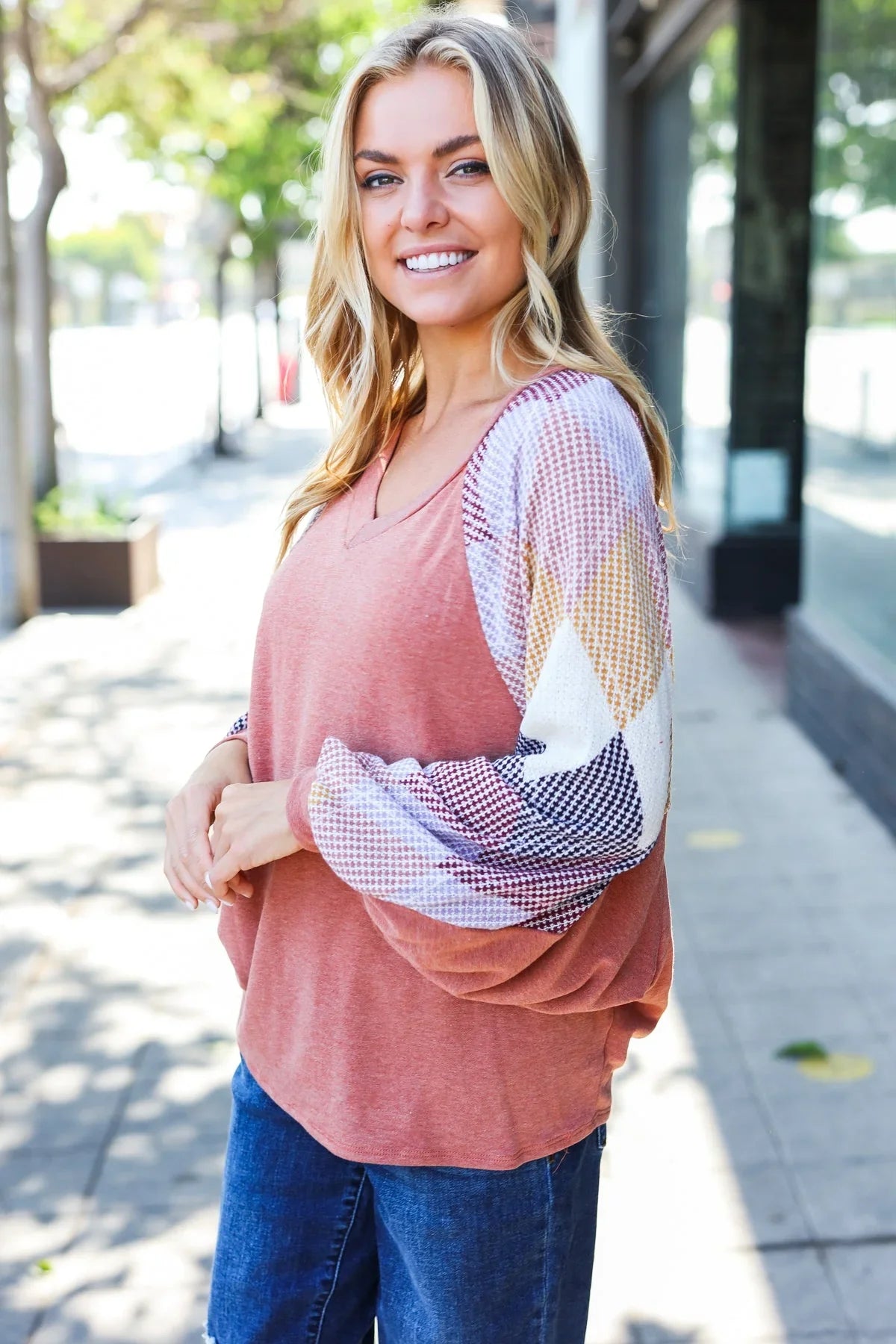 Weekend Ready Rust Argyle Pattern Dolman V Neck Top | Daverri Fashions
