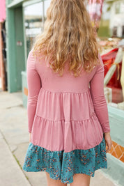 Looking Your Way Mauve & Teal Floral Ruffle Terry Tiered Dress | Daverri Fashions