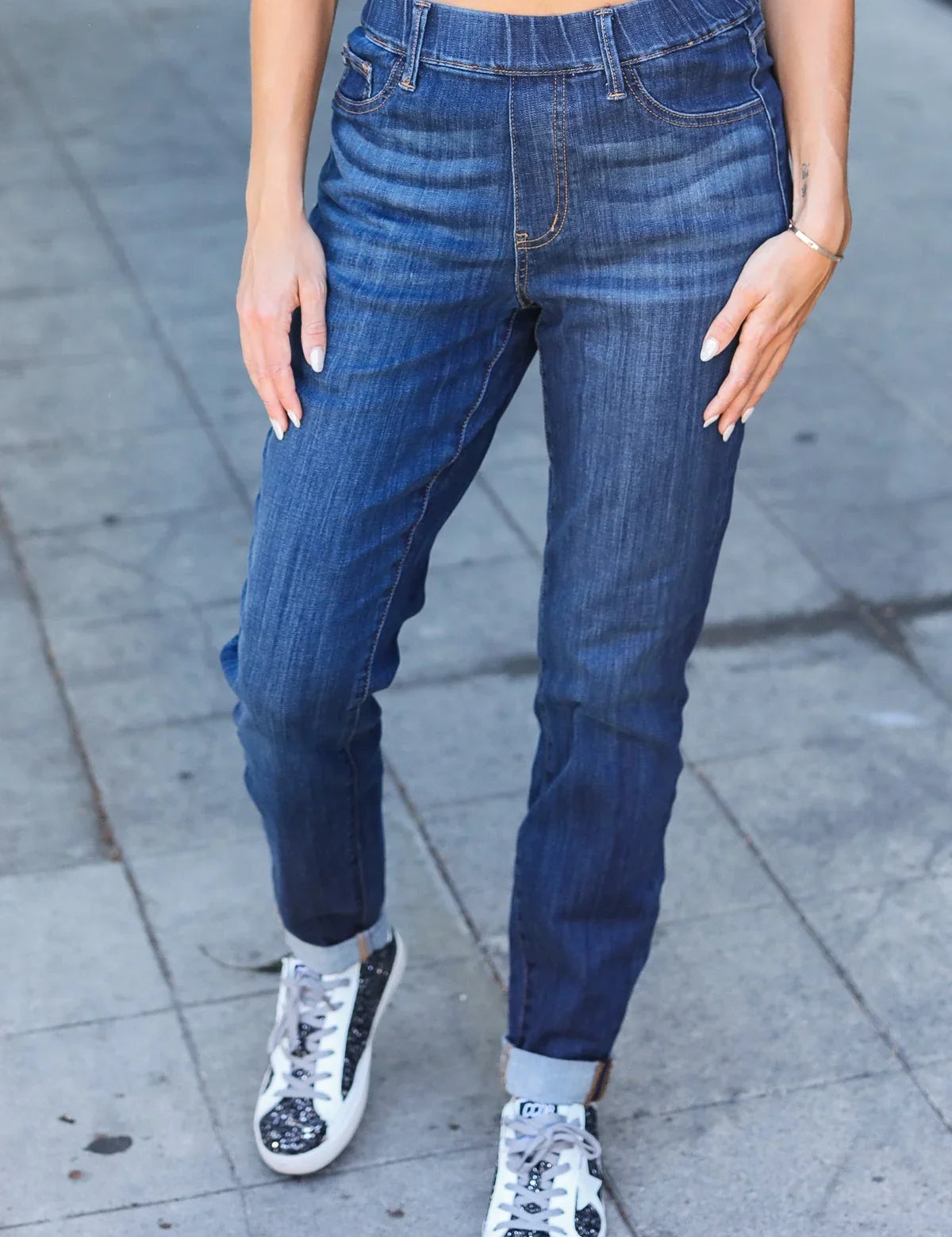 Judy Blue Dark Wash Pull On Cuffed Slim Fit Jeans | Daverri Fashions