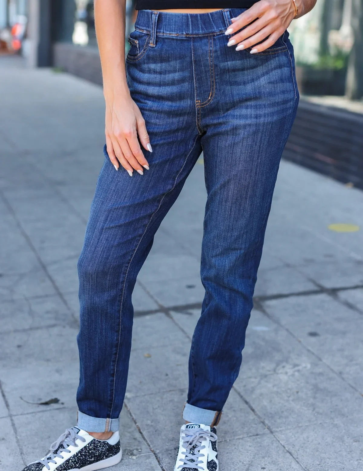 Judy Blue Dark Wash Pull On Cuffed Slim Fit Jeans | Daverri Fashions