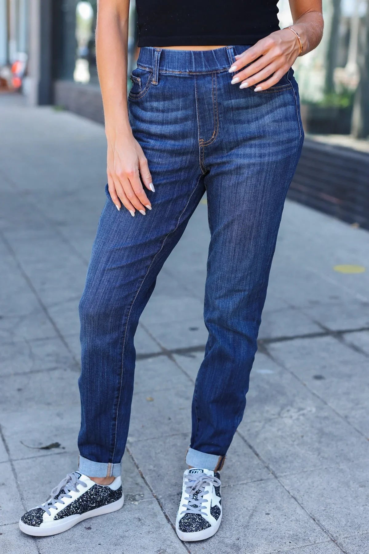 Judy Blue Dark Wash Pull On Cuffed Slim Fit Jeans | Daverri Fashions