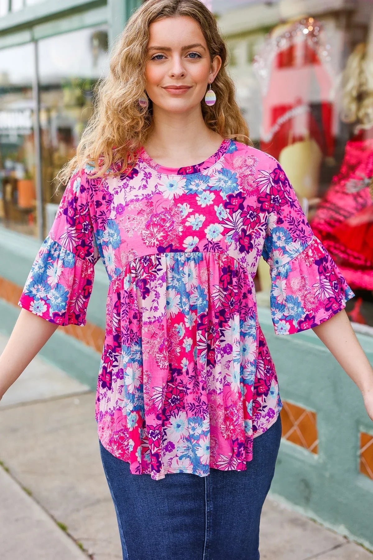 Diva Pink & Blue Floral Print Babydoll Bell Sleeve Top | Daverri Fashions