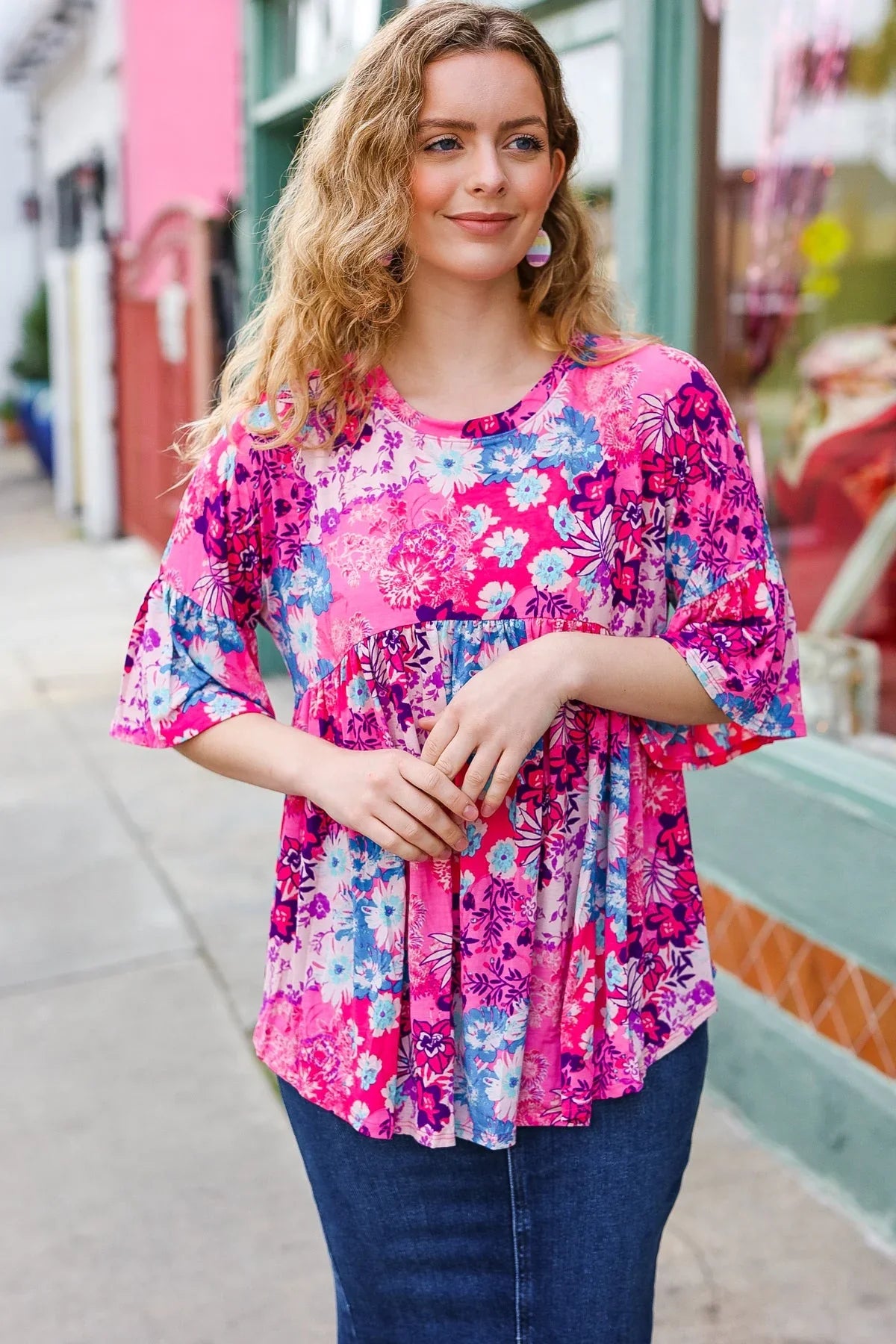 Diva Pink & Blue Floral Print Babydoll Bell Sleeve Top | Daverri Fashions