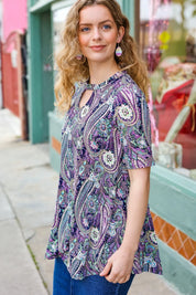 Bold & Sassy Navy Floral Paisley Front Keyhole Tunic Top | Daverri Fashions