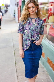 Bold & Sassy Navy Floral Paisley Front Keyhole Tunic Top | Daverri Fashions