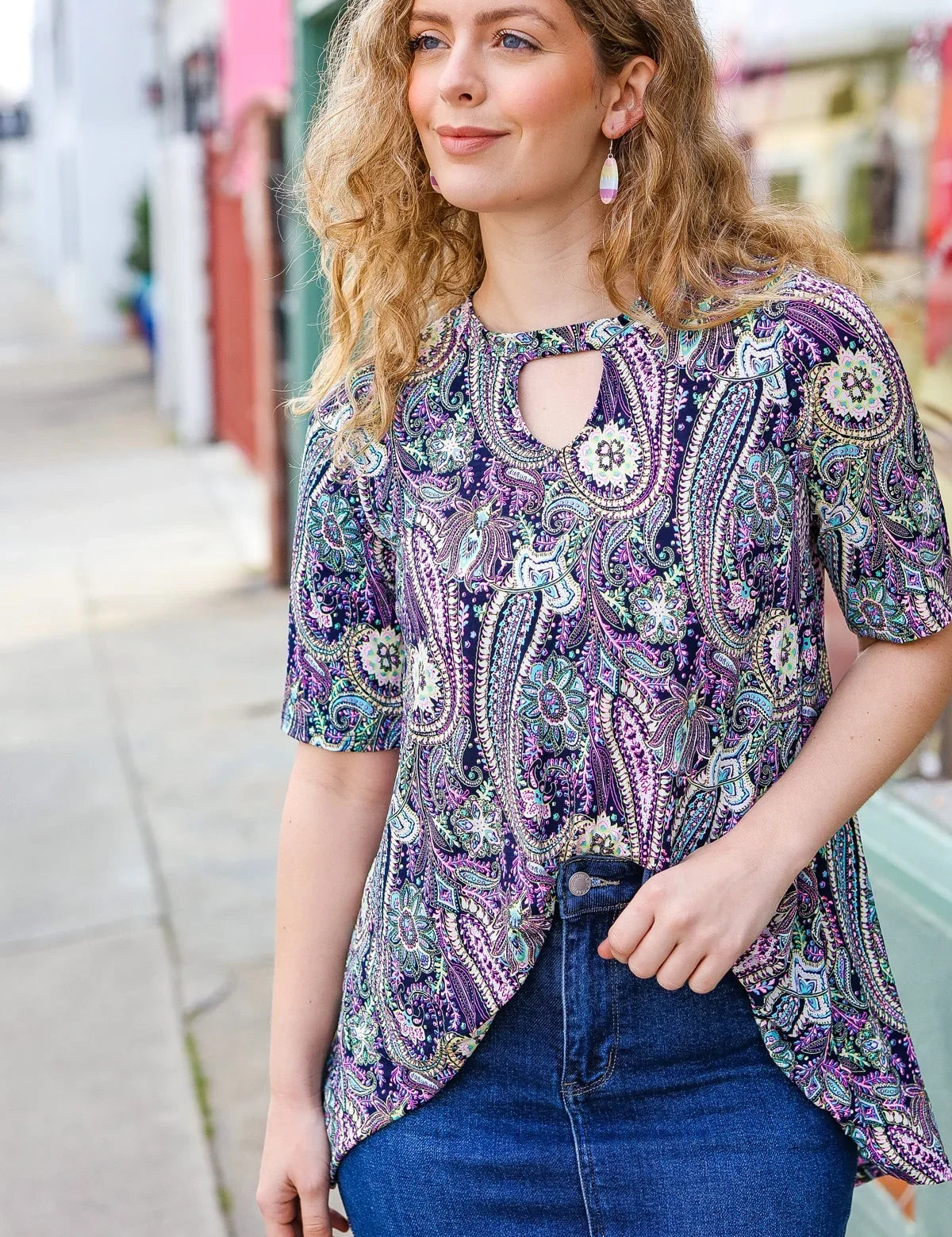 Bold & Sassy Navy Floral Paisley Front Keyhole Tunic Top | Daverri Fashions
