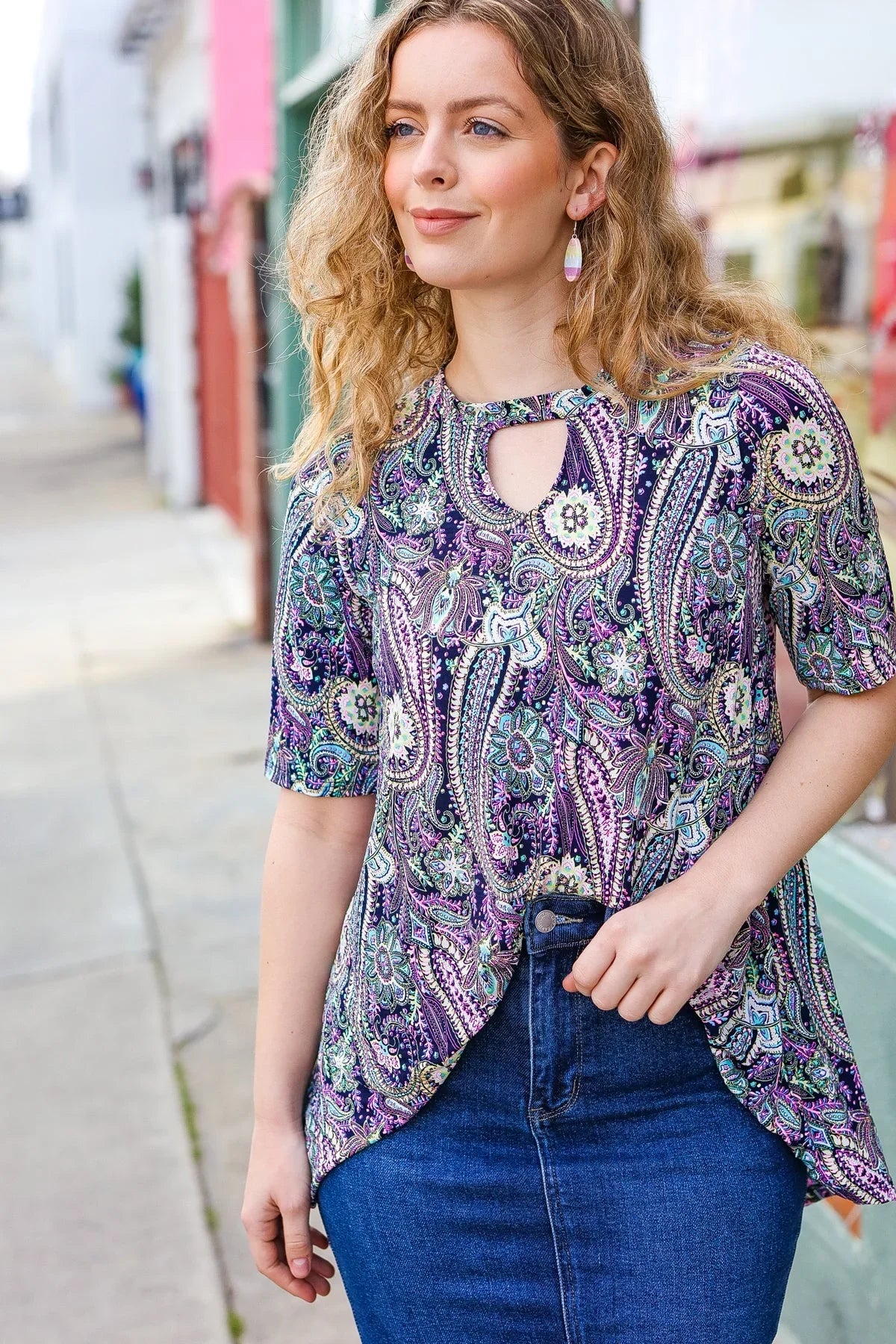 Bold & Sassy Navy Floral Paisley Front Keyhole Tunic Top | Daverri Fashions