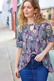 Bold & Sassy Navy Floral Paisley Front Keyhole Tunic Top | Daverri Fashions