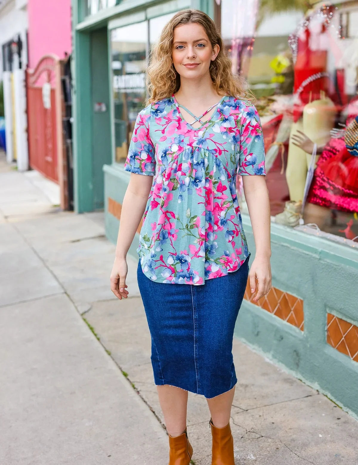 Sunny Days Light Teal Floral Criss Cross V Neck Babydoll Top | Daverri Fashions