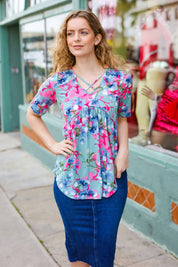 Sunny Days Light Teal Floral Criss Cross V Neck Babydoll Top | Daverri Fashions