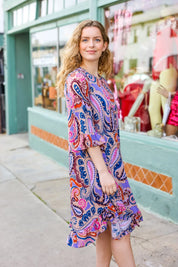 Give Your All Taupe & Lavender Paisley Ruffle Hem Midi Dress | Daverri Fashions