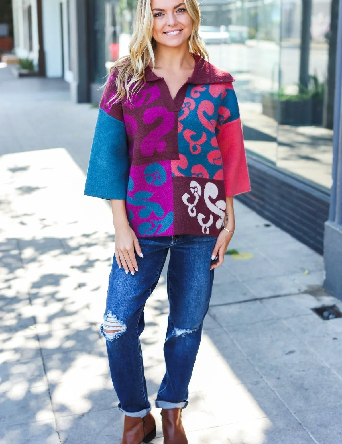 Feeling Your Best Wine Abstract Print Color Block Collar V Neck Sweater | Daverri Fashions