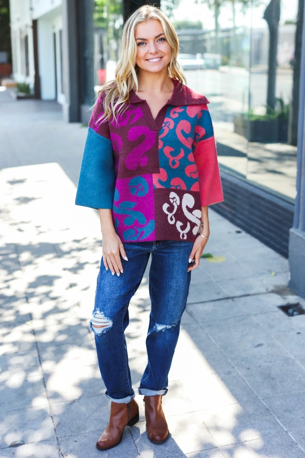 Feeling Your Best Wine Abstract Print Color Block Collar V Neck Sweater | Daverri Fashions